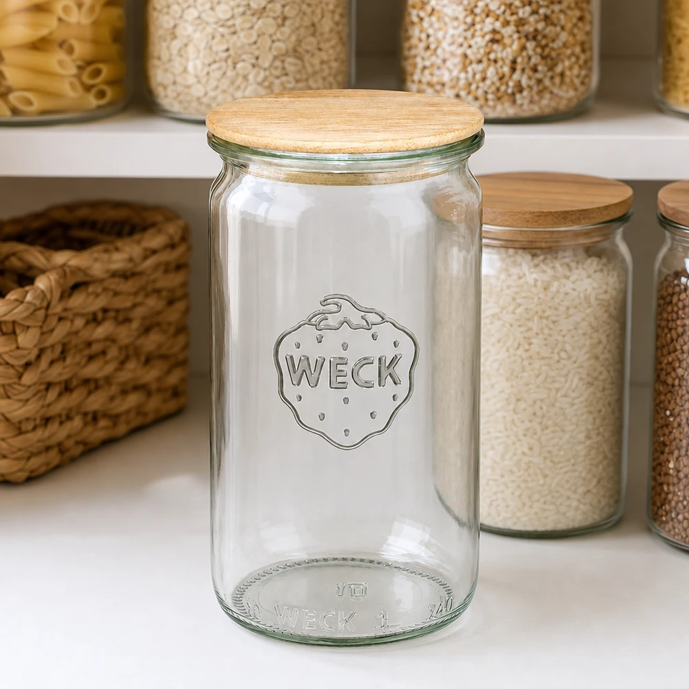 WECK voorraadpot 340ml RR60 leeg met houten deksel in georganiseerde voorraadkeuken tussen gevulde voorraadpotten