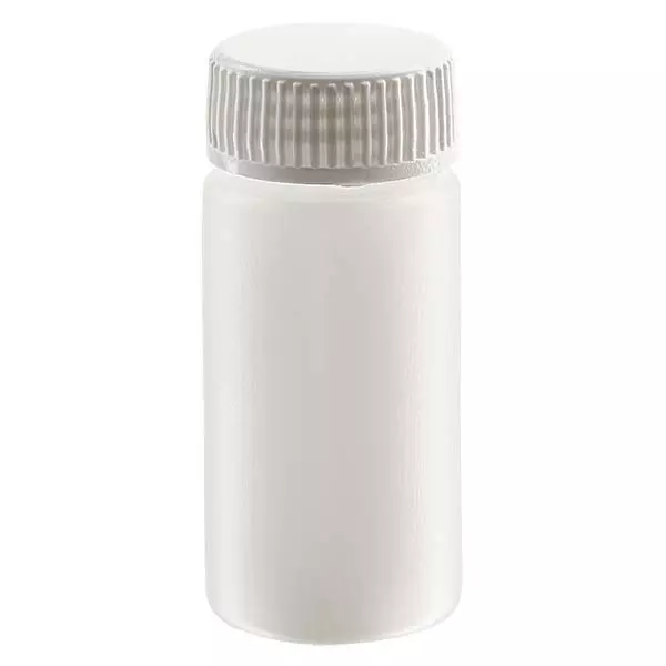 Monsterfles 20ml, PE-HD, blank, compleet met schroefsluiting schroefdraad GL 22,5 Monsterfles 20ml, PE-HD, blank, compleet met schroefsluiting schroefdraad GL 22,5