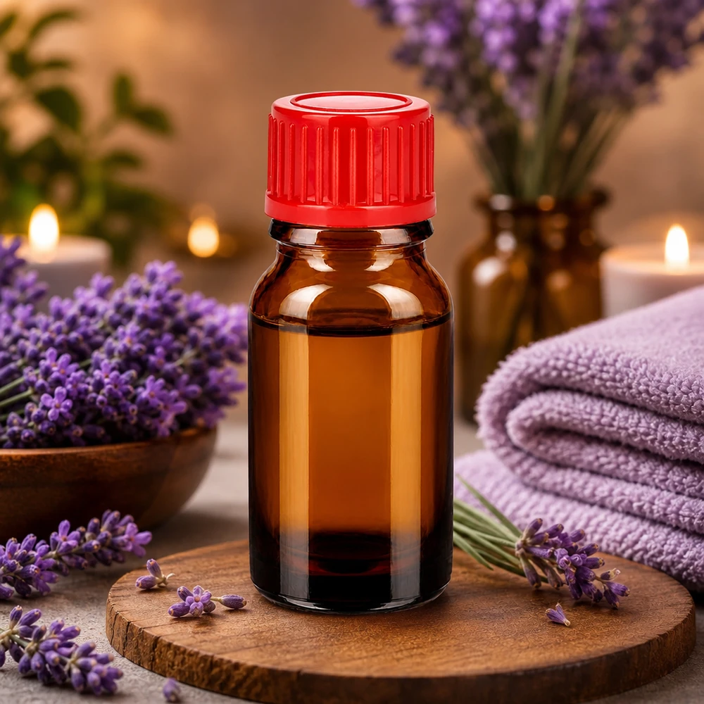 10ml laboratoriumflesje van donker glas met rode SV-dop voor aromatherapie