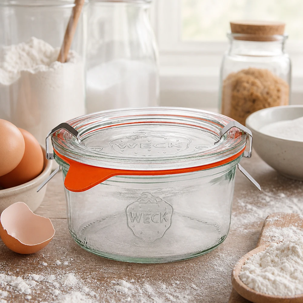 WECK 165ml RR80 keukenpot met bakingrediënten, eieren, bloem en melk voor zelfgemaakte recepten