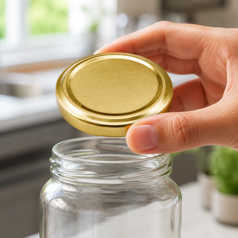 Close-up van een gouden TO58deep-schroefdeksel dat op een doorzichtig, leeg glas wordt geplaatst
