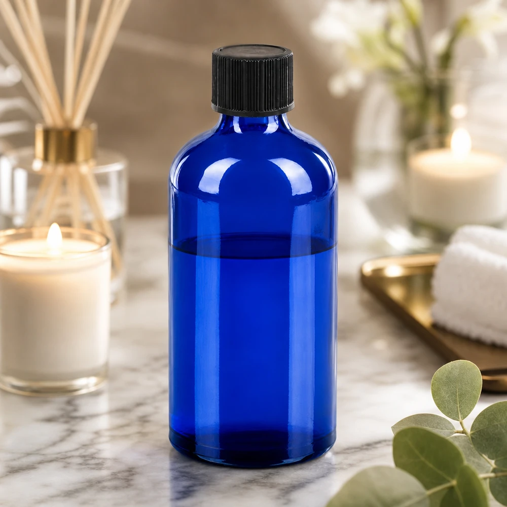 Kobaltblauwe druppelfles 100ml met zwarte dop ideaal voor doe-het-zelf cosmetica en natuurlijke producten