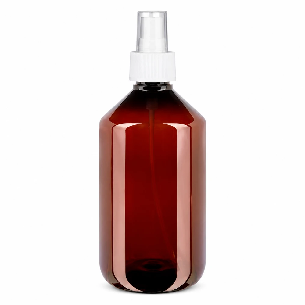 500 ml PET medicijnfles met verstuiver wit GCMI 28/410 incl. dop transparant, standaard Wiederbefüllbare braune 500ml PET Flasche mit weissem Sprühzerstäuber Pumpe