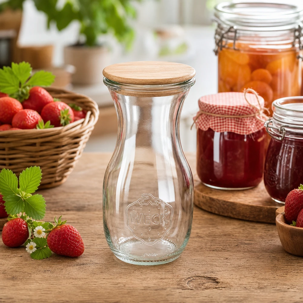 290ml sapflessen WECK RR60 met hout deksel WECK sapfles 290ml met houten deksel in een natuurlijke keukenomgeving met aardbeien en jampotten
