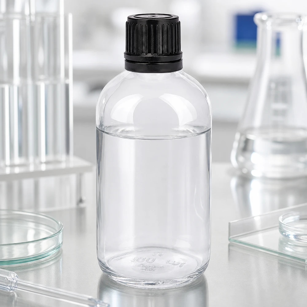 Laboratoriumfoto van een doorzichtige glazen fles van 100 ml met een zwarte schroefdop, omringd door laboratoriumapparatuur