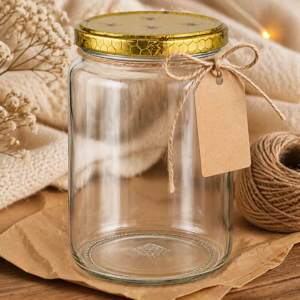 Honingpot 1000 g met deksel met honingraatmotief BasicSeal UNiTWIST Dekorativ präsentiertes 1000g Honigglas mit Bienenwaben-Deckel Bastschnur und Etikett auf Holztisch Geschenkidee