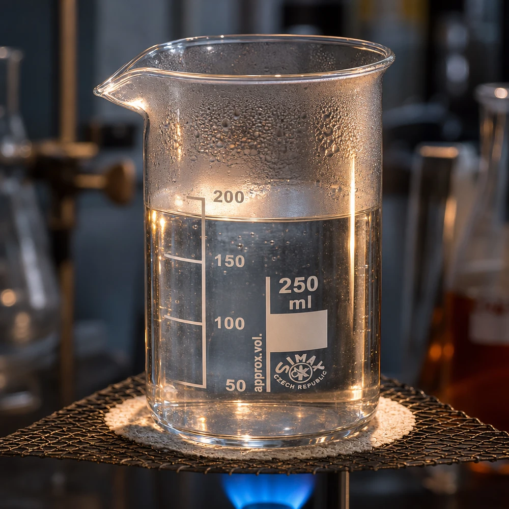 Doorzichtig laboratoriumbekerglas van 250 ml, Simax-borosilicaatglas, tijdens een verwarmingsproef