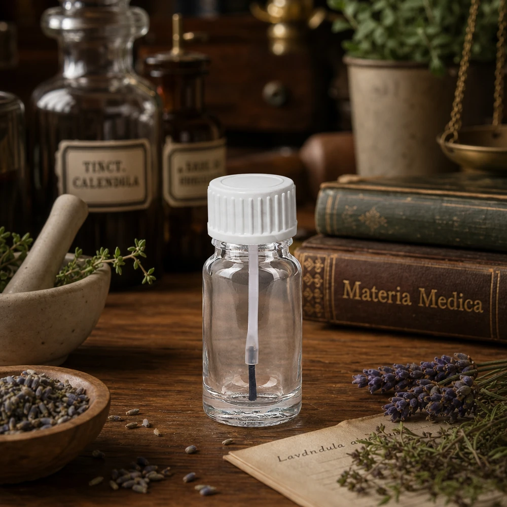 Kleine glazen flesje van 10 ml met kwastje in een apothekersachtige omgeving met lavendel en materia medica
