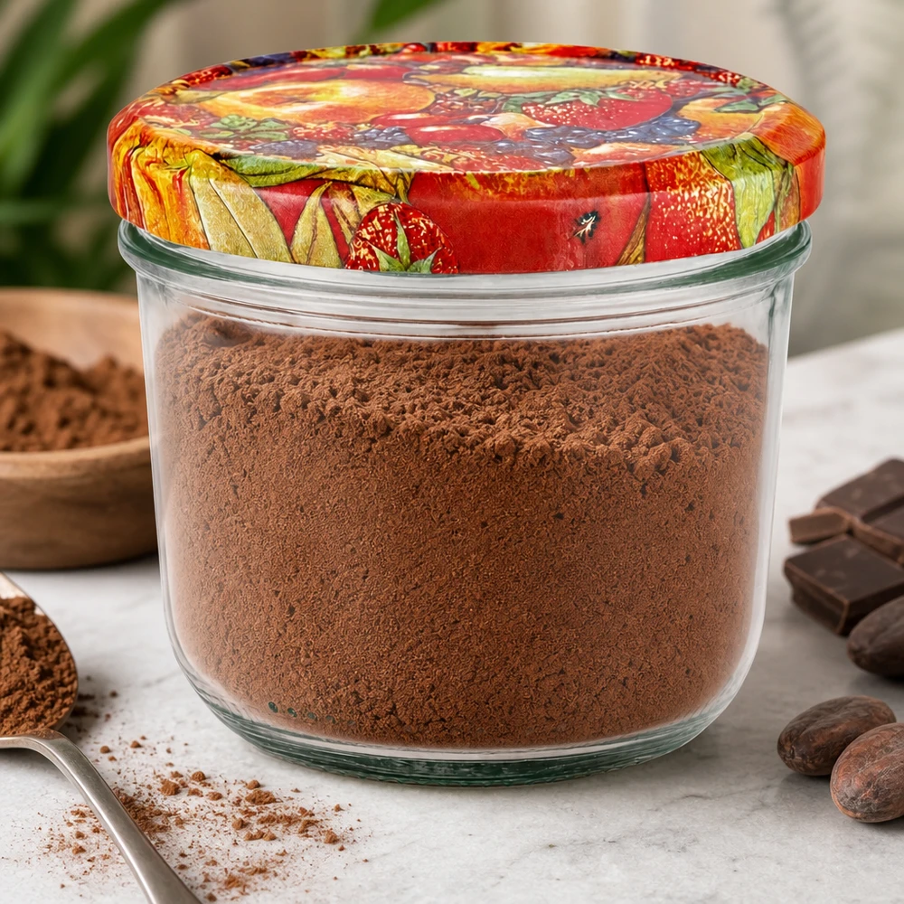 230 ml bekers gevuld met cacaopoeder en kleurrijke BasicSeal fruitdecor deksel omringd door chocolade en cacao