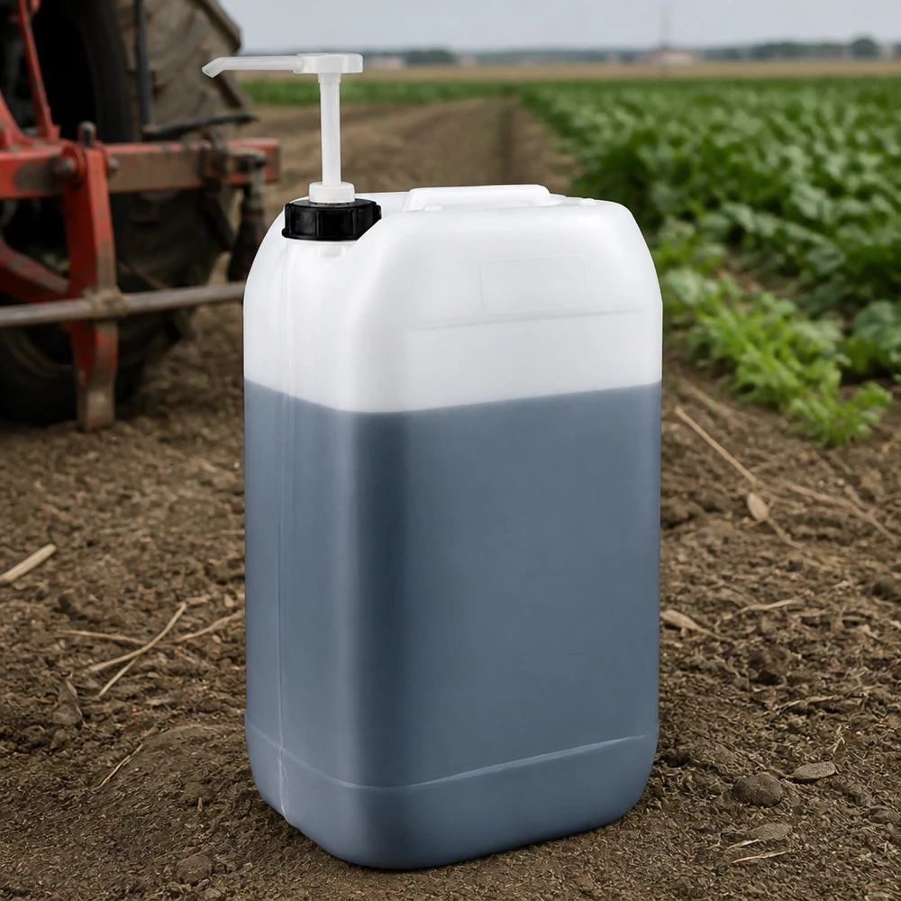 Jerrycan van 15 liter met zwarte schroefdop en doseerpomp voor meststoffen of gewasbeschermingsmiddelen