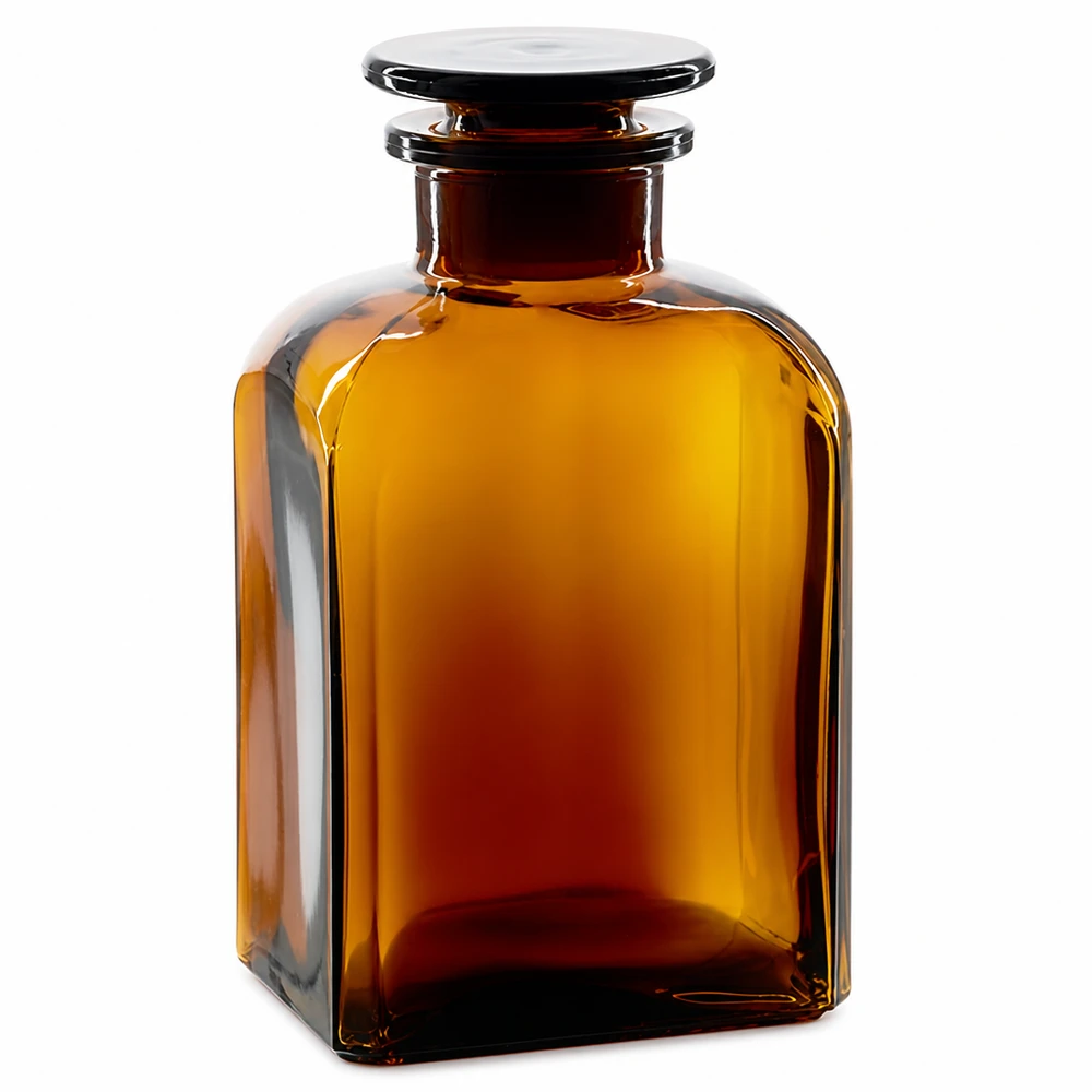 Vierkant-apothekersfles 500 ml wijde hals bruin glas incl. glazen stop Vierkante bruine glazen fles 500 ml, brede hals, UV-bescherming, glazen stop, laboratoriumbenodigdheden