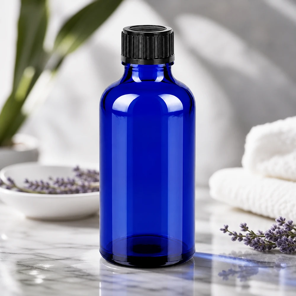 Recyclebare 50ml BlueLine glazen fles met kindveilige zwarte dop voor huishoudelijk gebruik