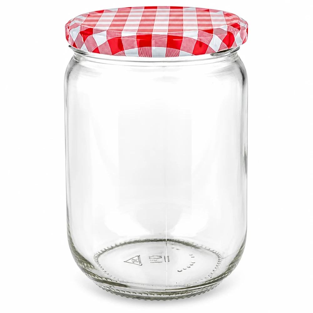 555 ml rond glazen pot + BasicSeal-deksel rood/wit UNiTWIST Doorzichtige voorraadpot van 555 ml met luchtdichte, rood-wit geruite metalen deksel BasicSeal UniTwist