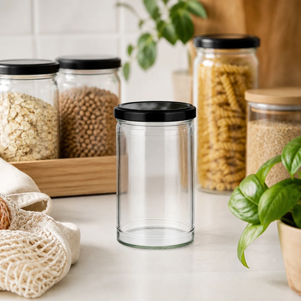 Lege glazen pot van 1053 ml met zwart deksel in zero-waste keuken met voorraadpotten en duurzame materialen