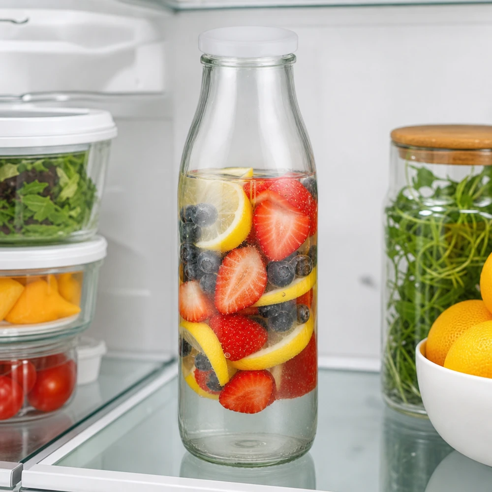 Glazen fles van 500 ml met BasicSeal-deksel vol water met bessencitroeninfusie in de koelkast tussen het verse eten door