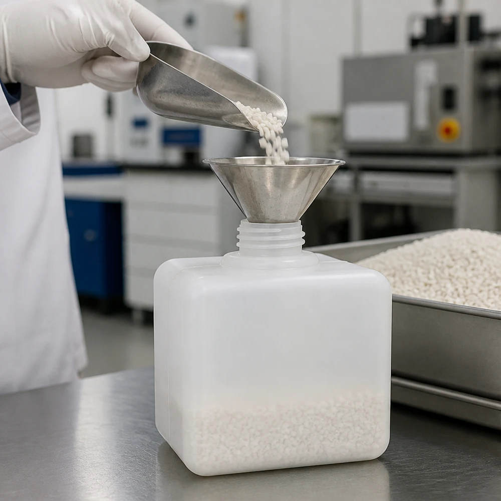 Het vullen van een PE-HD-fles voor chemicaliën van 500 ml met GL32-dop met wit granulaat op een roestvrijstalen werkblad