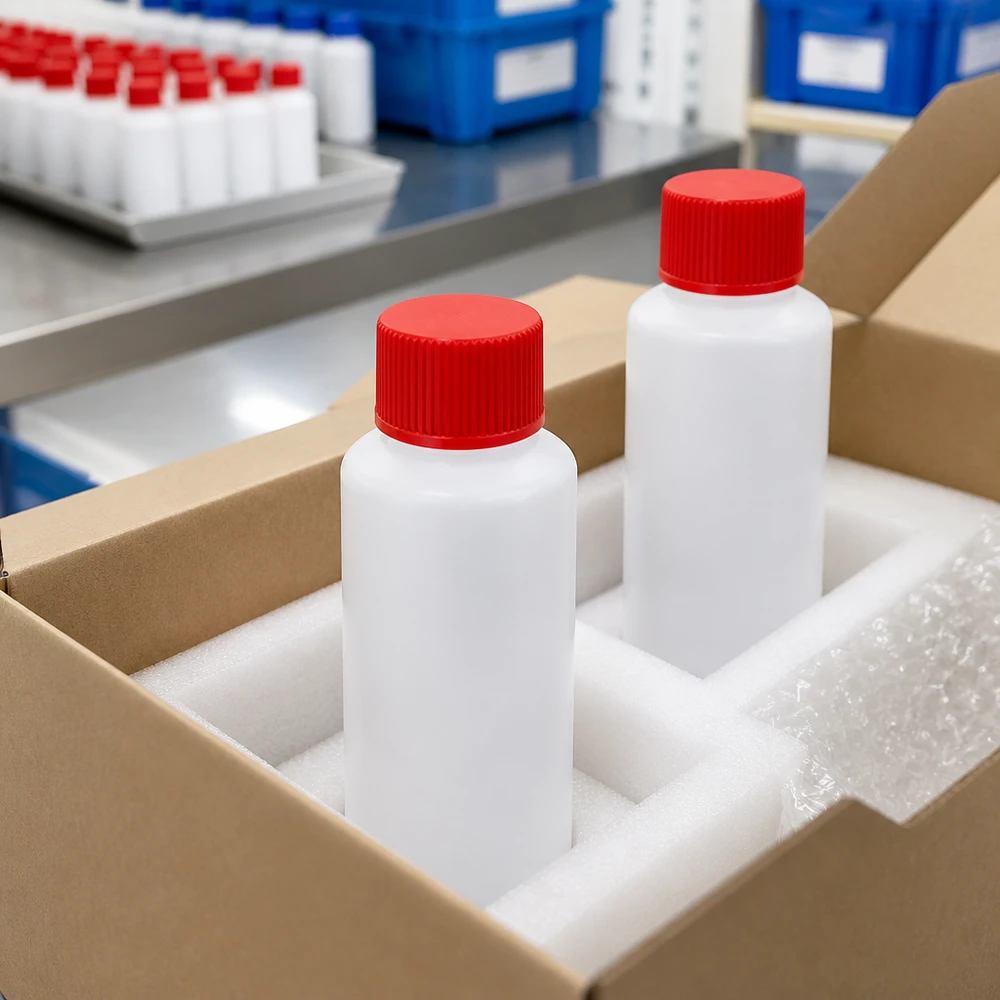 Rechthoekige witte HDPE-flesjes van 30 ml met rode dop, verpakt in een schuimrubberen inlegstuk voor veilig transport