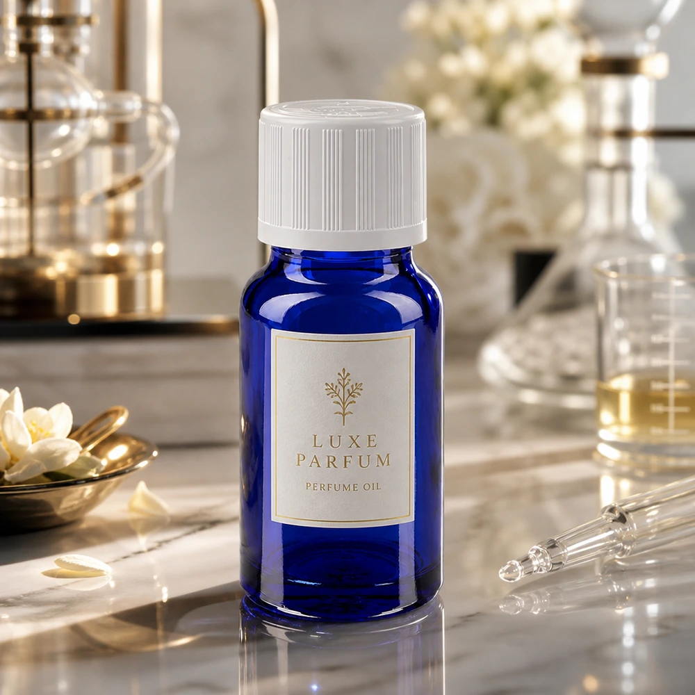 Productfoto: kobaltblauw pipetflesje van 10 ml van apothekersglas met witte veiligheidsdop