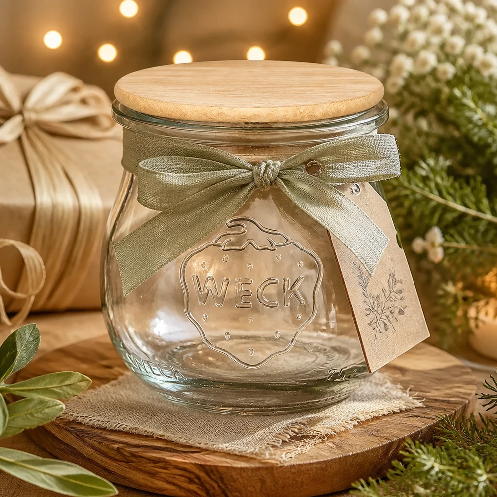 WECK-tulpglas 75ml met deksel WECK Tulpenglas 75ml mit Holzdeckel als Geschenkverpackung dekoriert mit Schleife für Marmelade und Konfitüre