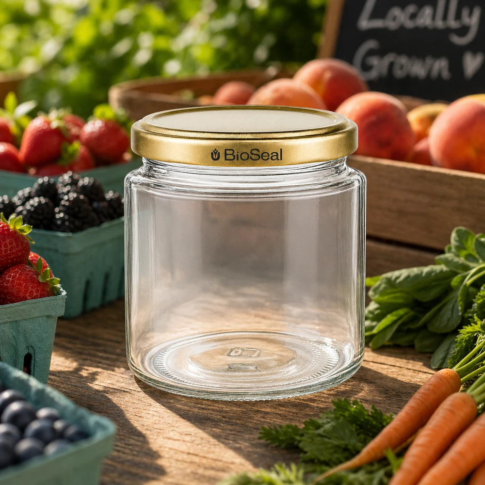 BioSeal 250 ml honingpot op marktkraam met vers fruit en groenten, gouden UNiTWIST deksel voor conserveren