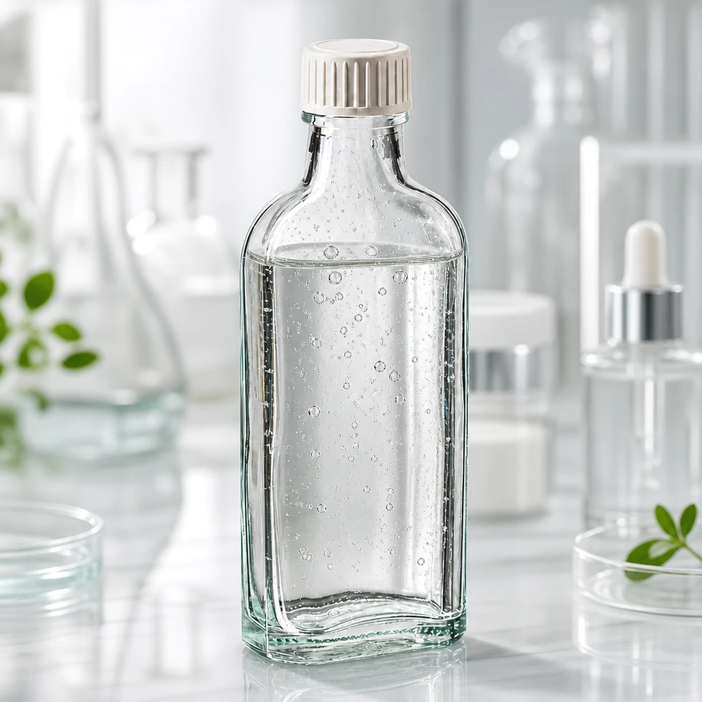 100 ml witte meplatfles met DIN 22 monding, inclusief schroefsluiting DIN 22 wit met PE-schuiminzetstuk Pharmaceutische Meplat-fles van 100 ml, transparant, op marmer met laboratoriumapparatuur en groene planten