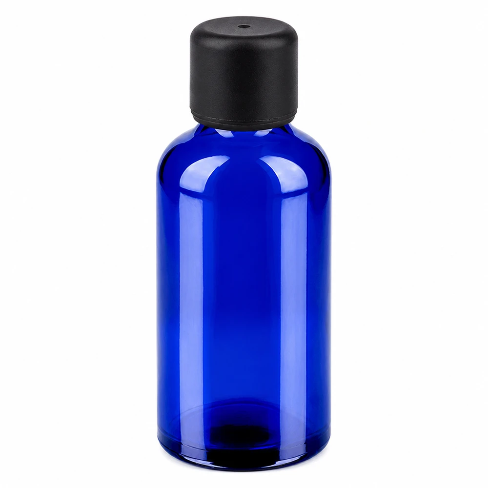 50ml fles 6mm SV zwart STD BlueLine UT18/50 Premium glazen fles in blauw 50ml met standaard dop voor professioneel gebruik