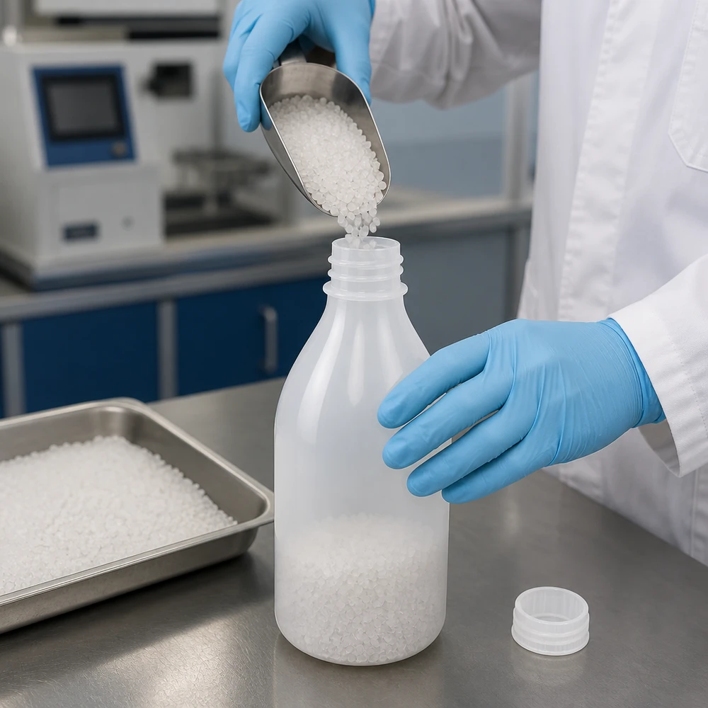 Flesjes met smalle hals van 100 ml op een roestvrijstalen dienblad naast een analyseweegschaal in een professioneel laboratorium