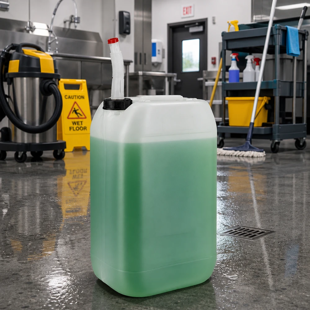Een halfvolle kunststofjerrycan van 15 liter met een flexibele slang op een natte industriële vloer