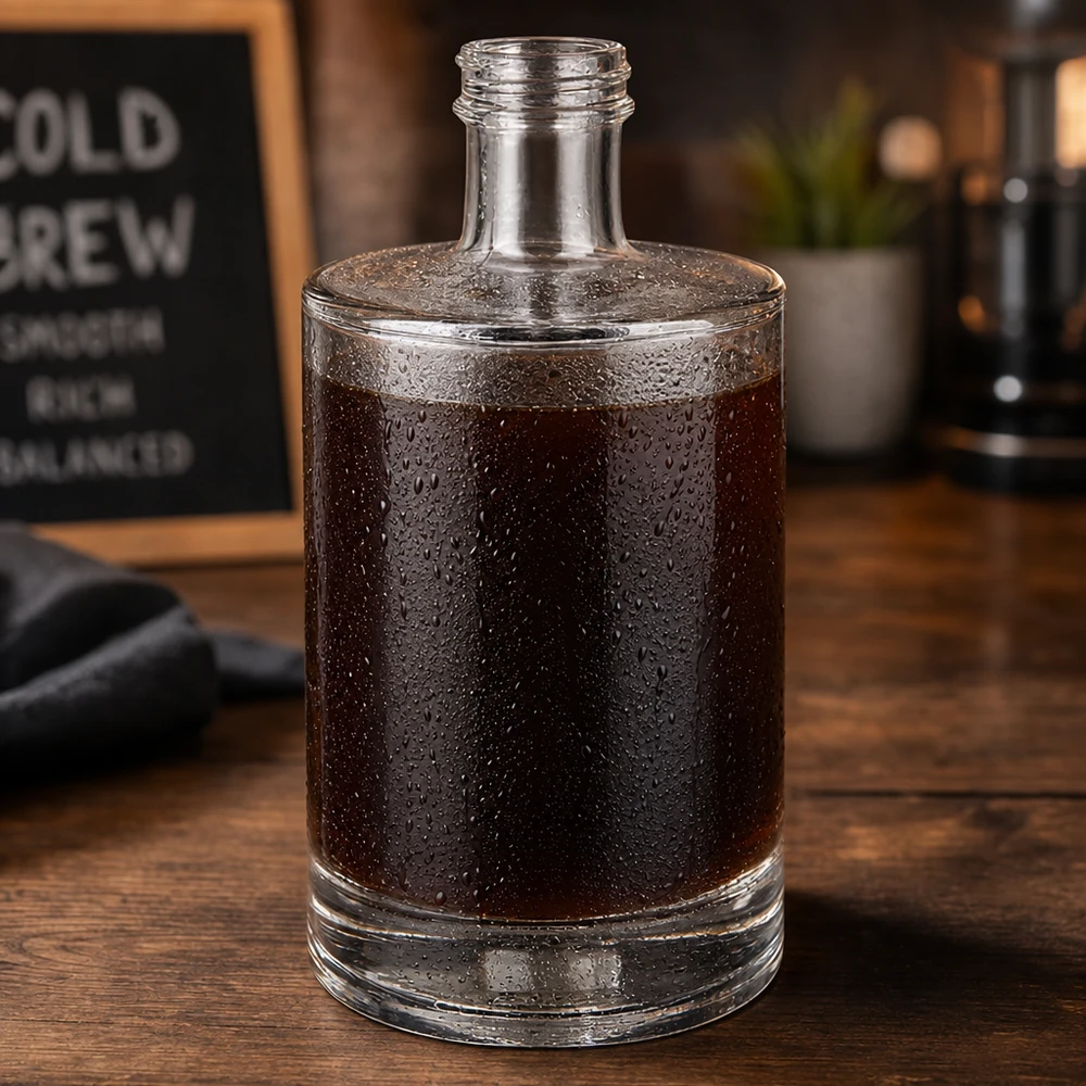500ml glazen fles Sam gevuld met cold brew koffie condensatie waterdruppels café sfeer houten voet