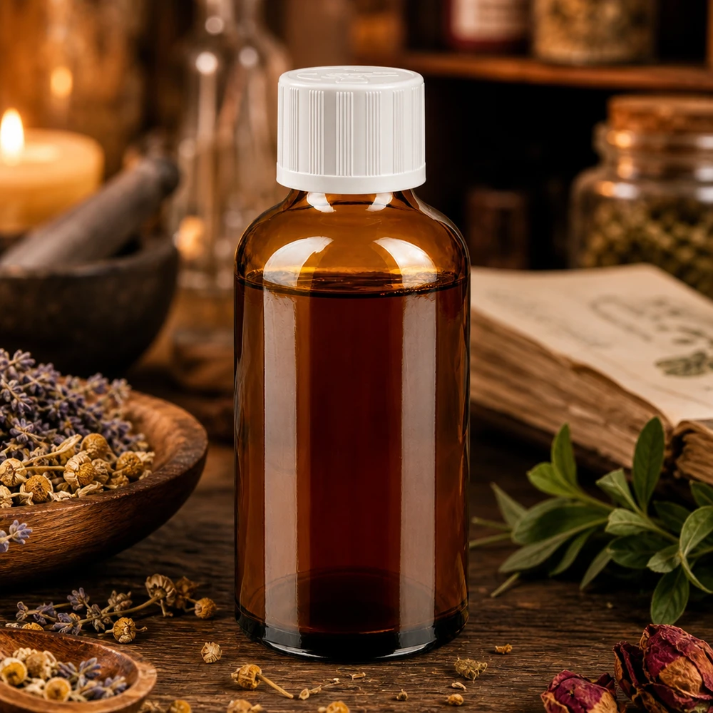 Praktische glazen fles van 50 ml in donkere kleur met stevige dop voor tea tree olie