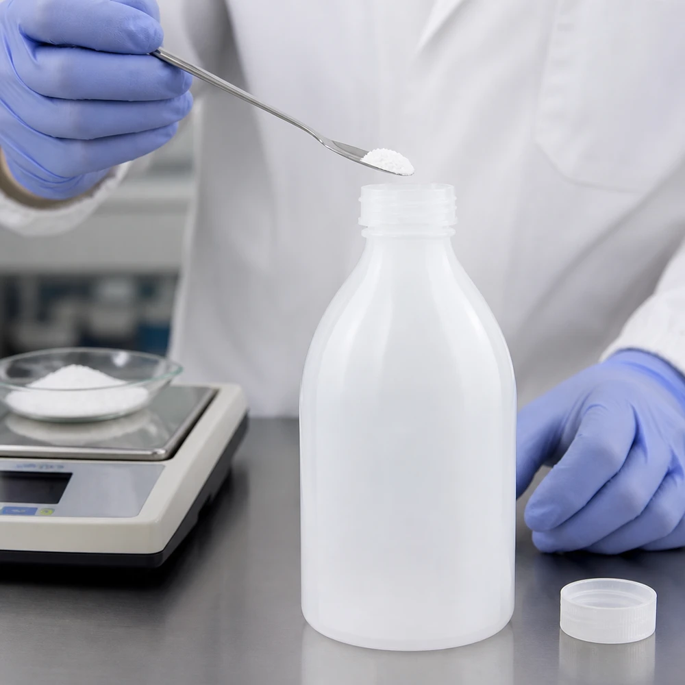 Nauwe hals laboratoriumfles 500ml met schroefsluiting 500ml Laborflasche Enghals neben Analysenwaage mit weißem Pulver auf Petrischale