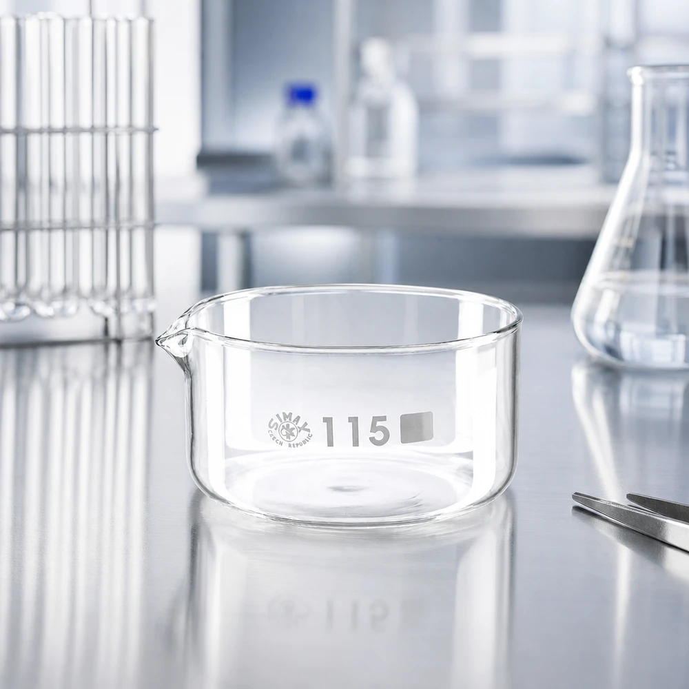 Kristalliseerschaal 500ml met schenktuit Cilindrische glazen schaal van 500 ml met kleine uitgietopening voor chemische verdamping, borosilicaatglas SIMAX