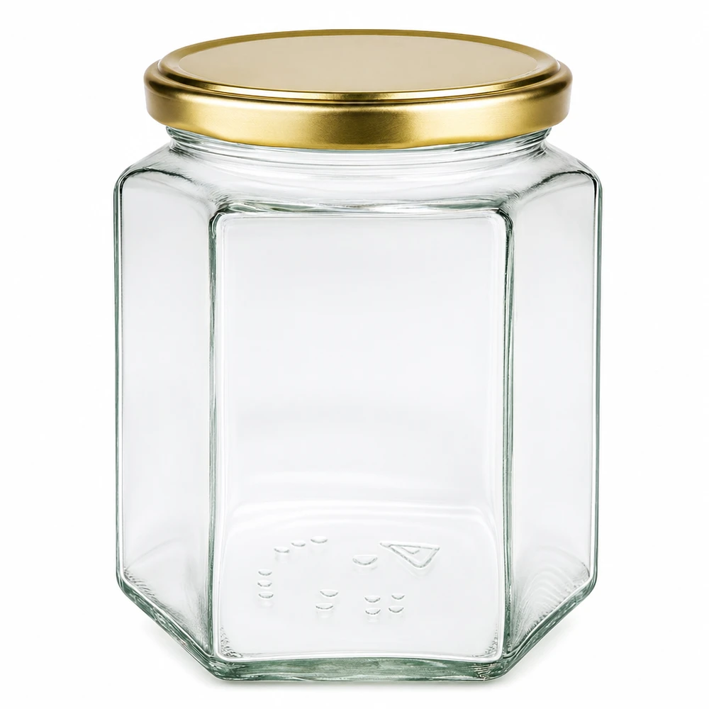 Honingpot 500g met gouden deksel BasicSeal UT transparant leeg zeshoekig voor honingbijenteelt