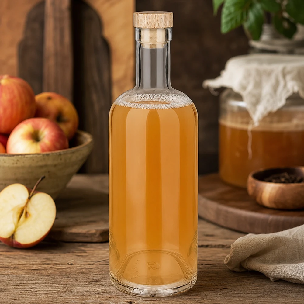 750 ml glazen fles Emma met houten handgreep UNiTWIST® 750ml Glasflasche Emma mit Holzkorken gefüllt mit Apfelsaft inmitten herbstlicher Apfel-Deko auf rustikalem Holztisch