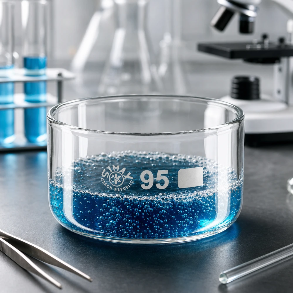 Kristalliseerschaal 300ml zonder schenktuit Cilindrische laboratoriumglasbak 95 mm Simax Tsjechië blauwe oplossing reageerbuisjes achtergrond