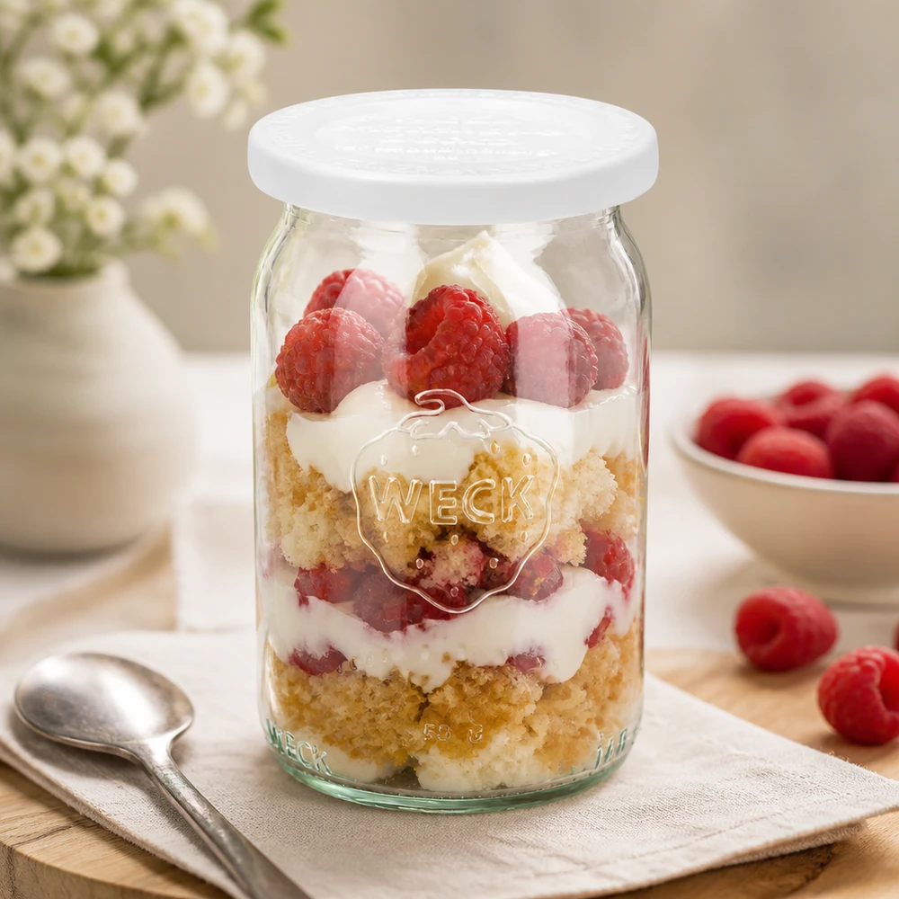 145ml cilinderglas met vershouddeksel WECK RR40 WECK RR40 cilindrische pot 145ml met gelaagd dessert van frambozen en room als ontbijtpot op een lichtgekleurde basis