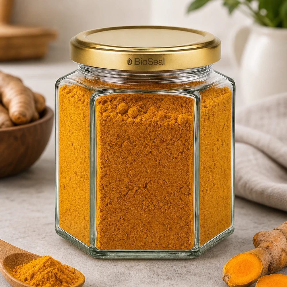 390ml hexaglas met BioSeal deksel goud UNiTWIST UNiTWIST Hexa390 kruidenpotje met gouden BioSeal deksel gevuld met kurkumapoeder naast verse gemberwortels