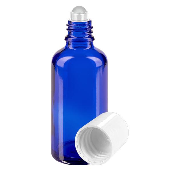 Apothekersflesje blauw 50ml roll-on cap wit Apothekersflesje blauw 50ml roll-on cap wit