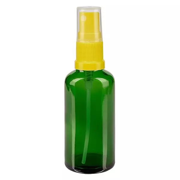 Groenen glazen flessen 50ml met geel pompverstuiver