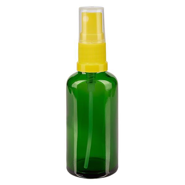 Groenen glazen flessen 50ml met geel pompverstuiver Groenen glazen flessen 50ml met geel pompverstuiver