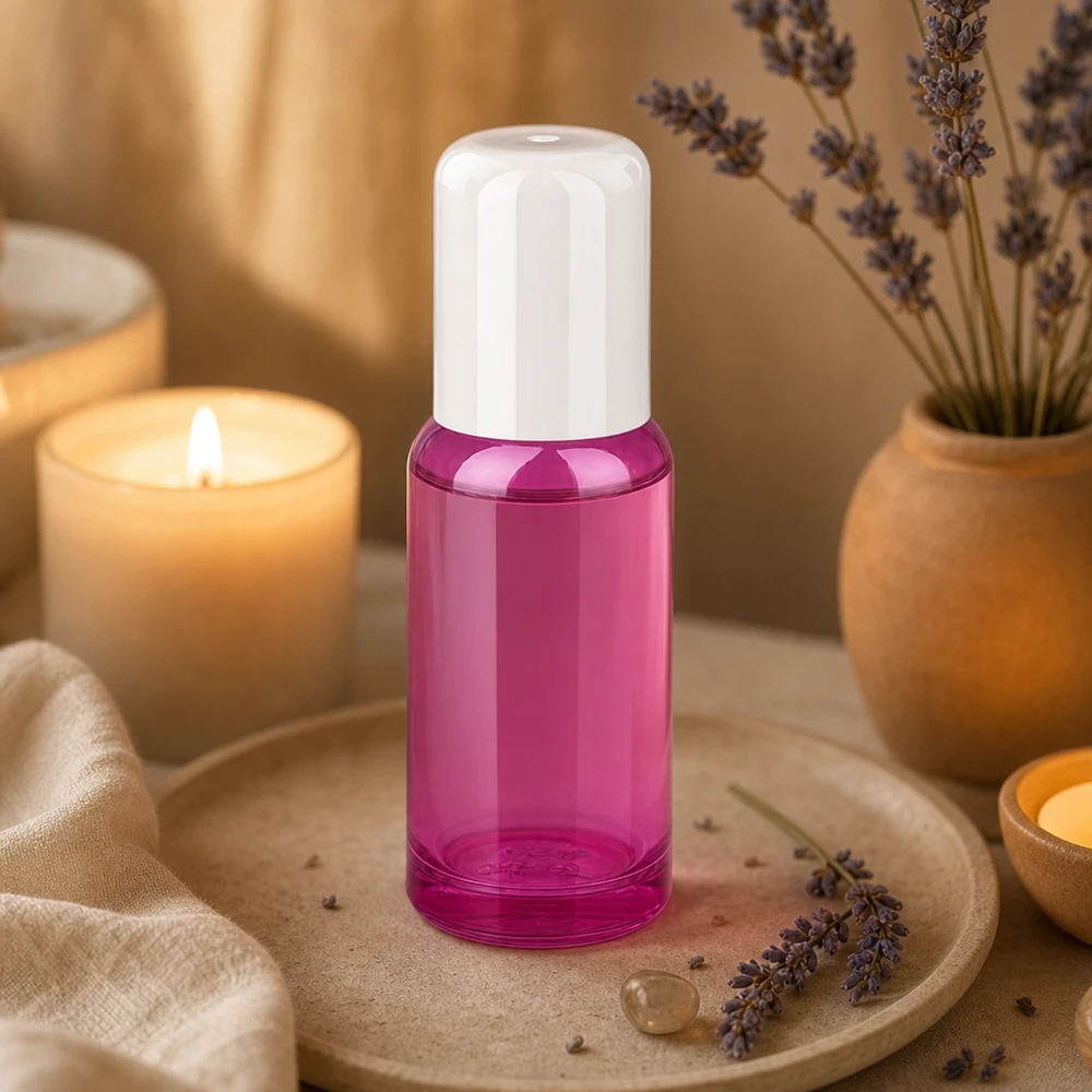 Handig glazen flesje van 20 ml met rolsysteem in violette kleur voor mobiel gebruik