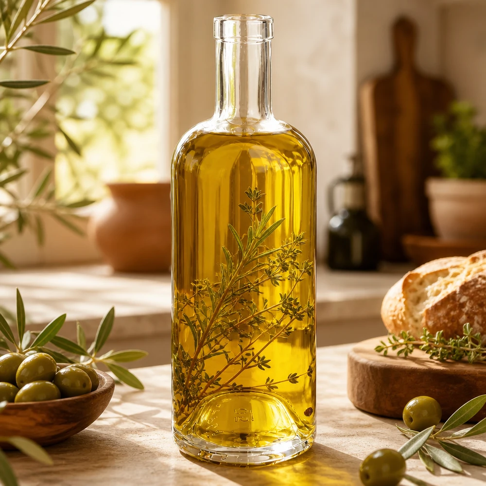 750ml glazen Emma fles gevuld met olijfolie en kruiden naast olijfbrood en mediterrane decoratie