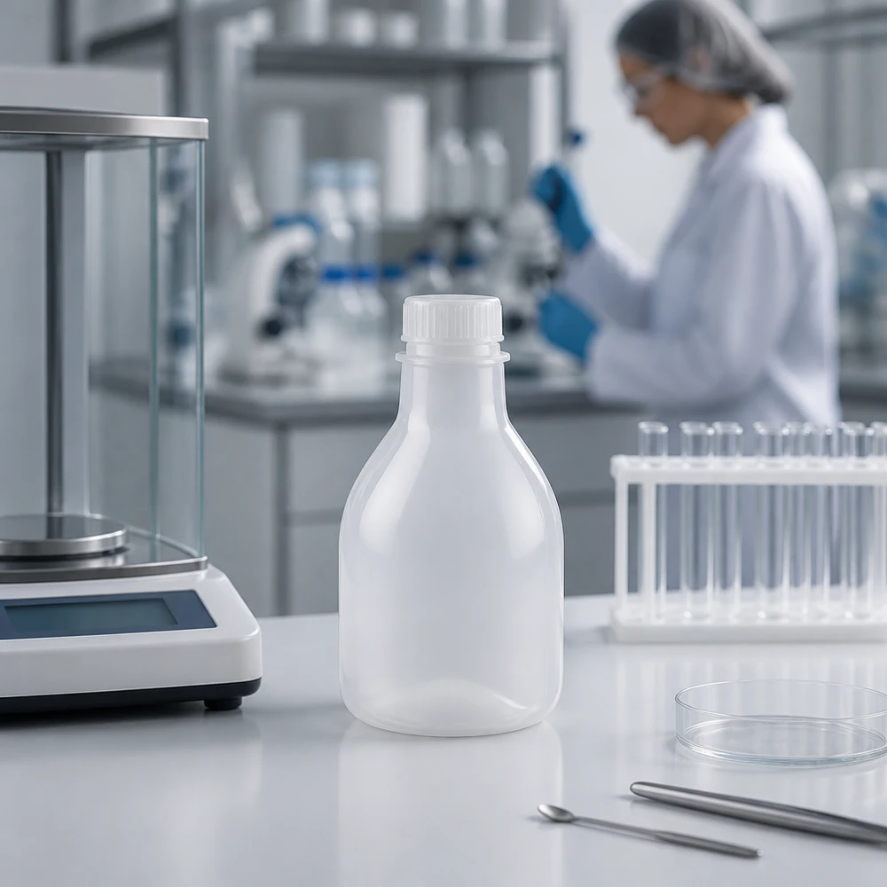 Nauwe hals laboratoriumfles 20ml zonder sluiting Laboratoriumflesje met smalle hals van 20 ml zonder deksel, met op de achtergrond een wetenschapsvrouw en een microscoop
