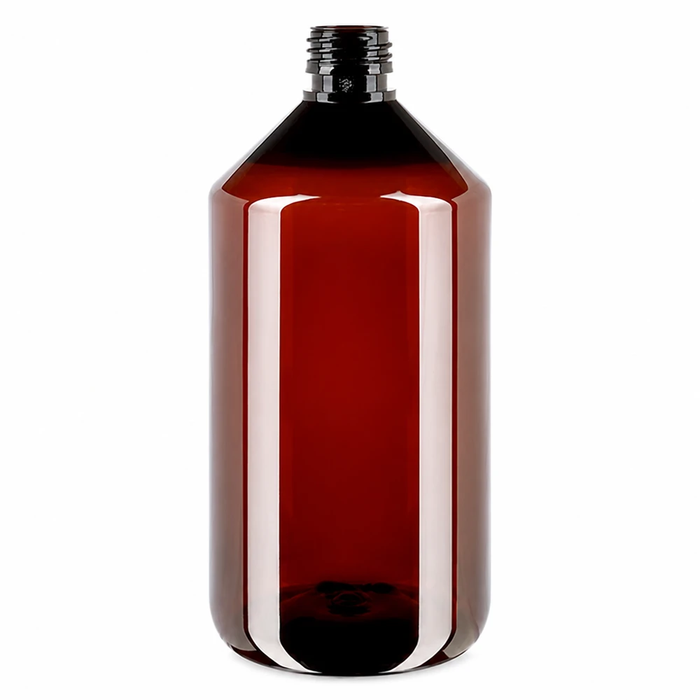 PET-fles 750ml PP28 zonder dop PET-fles, amberkleurig, 750 ml, cilindrisch, PP28-schroefdraad, zonder dop, leeg