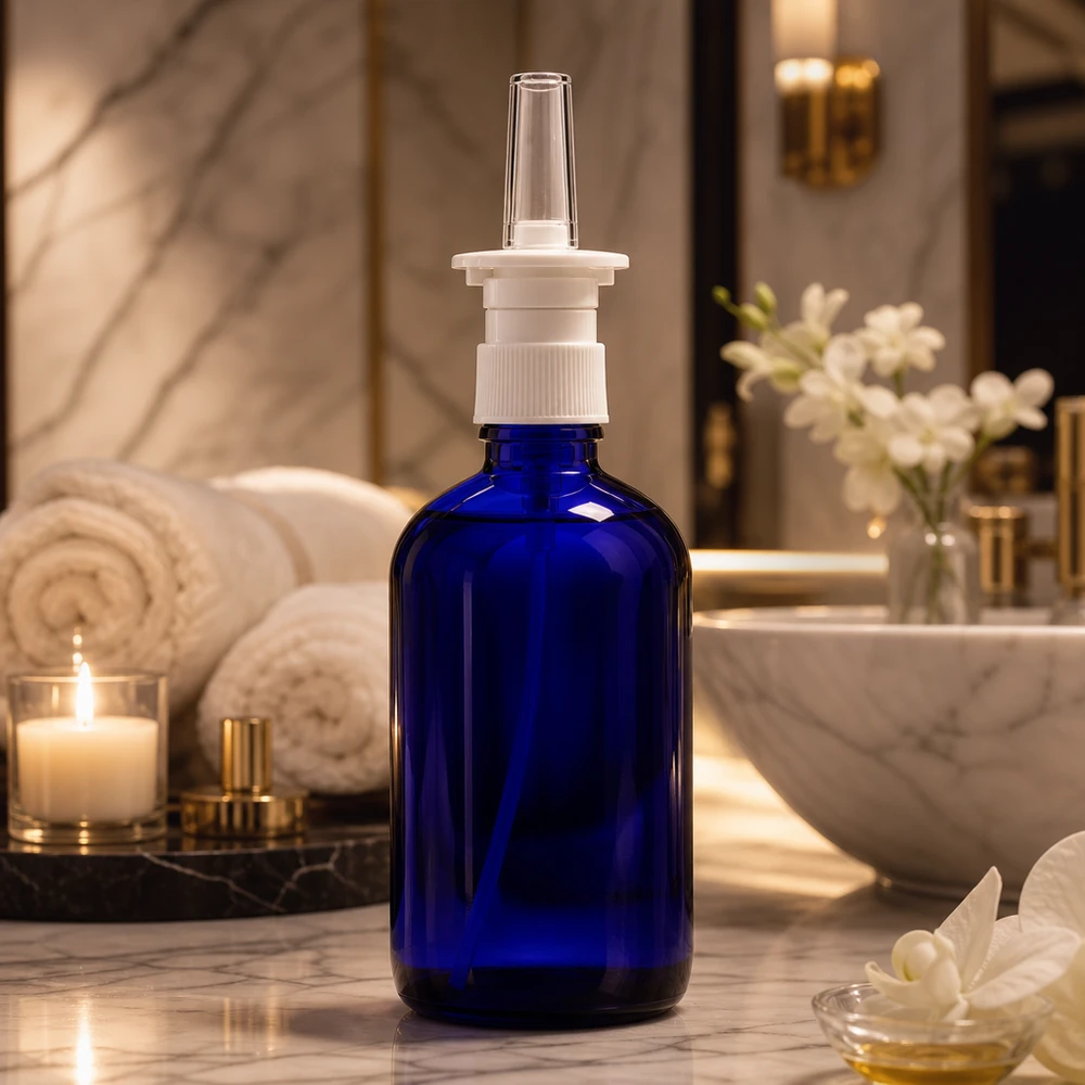 Flesje van 100 ml met UV-beschermend glas voor neusspray, voorzien van een doseerpomp, naast een kaars en witte bloemen