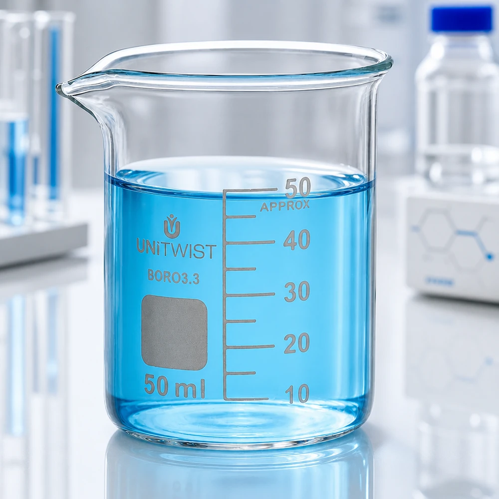 Beker 50ml borosilicaat, lage vorm UNiTWIST Doorzichtig borosilicaat bekerglas van 50 ml, laag model UNiTWIST, gevuld met blauwe chemische stof