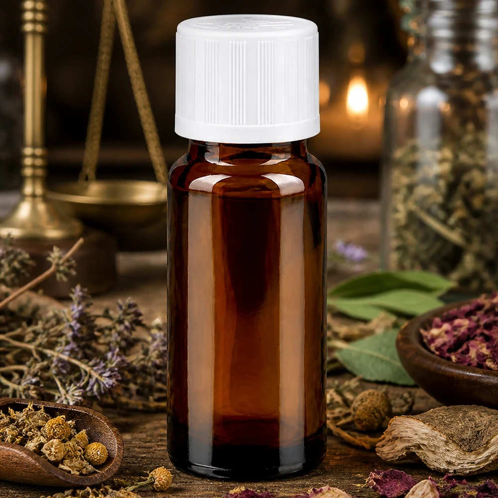 Bruine glazen fles 10ml met wit druppelsluiting kinderslot St Kleine apothekersfles van 10 ml met een druppelaar van 1,2 mm, omringd door salie en gedroogde bloemen