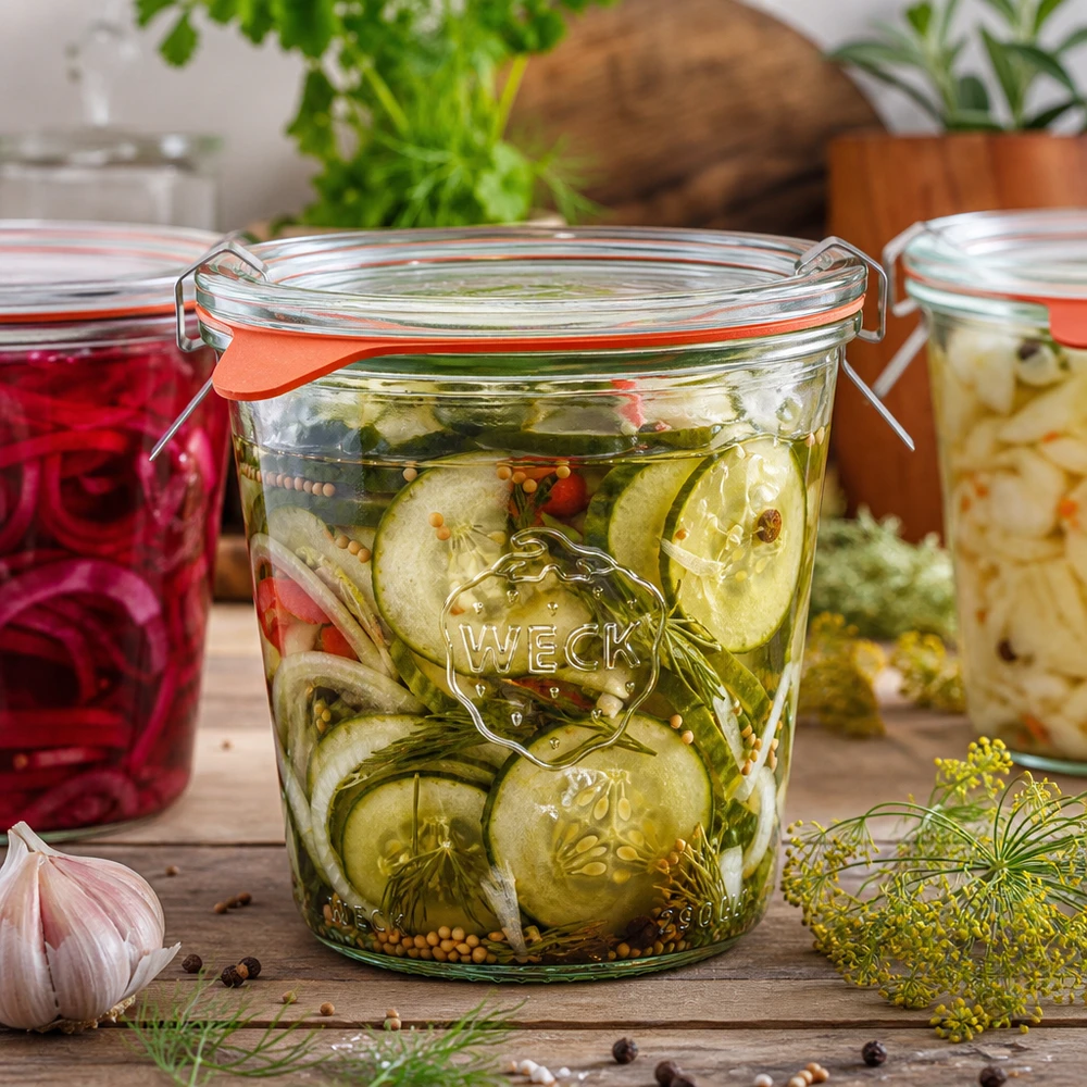 WECK tuimelpot 290ml RR80 met ingemaakte augurken en kruiden naast andere inmaakpotten op houten ondergrond