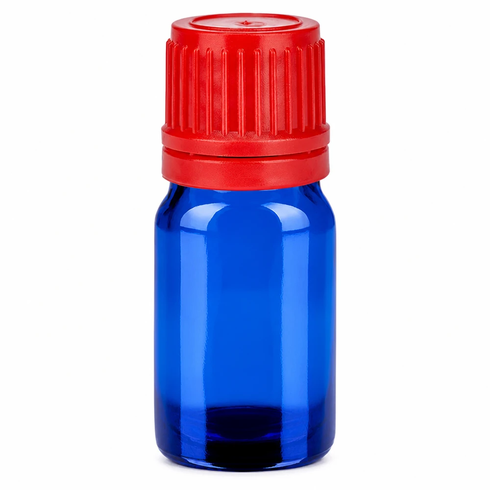 Hoogwaardige glazen fles 5ml blauw met kindveilige rode dop 11mm SV