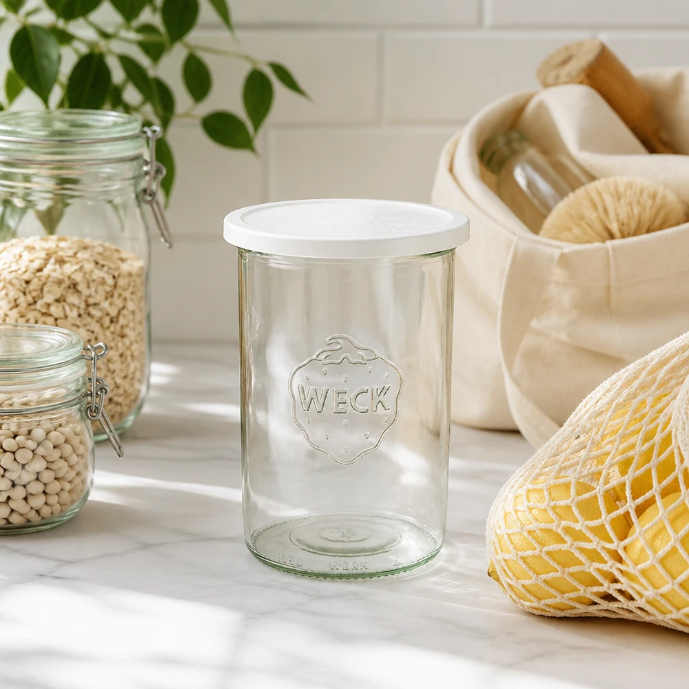 1000ml stortglas met vershouddeksel WECK RR100 WECK 1000ml RR100 bekers in een natuurlijke keukenomgeving met duurzaam opberggerei en planten